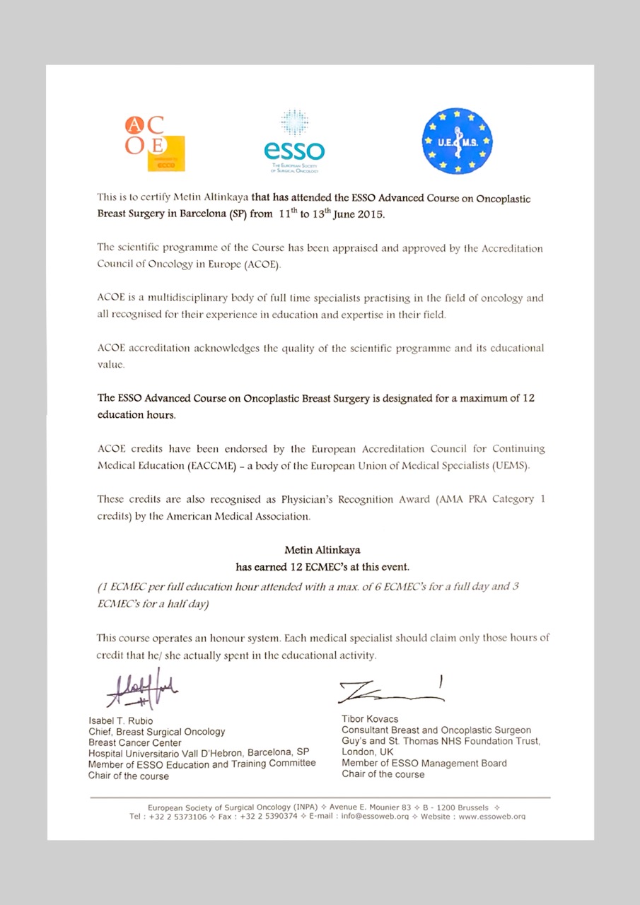 The Esso Advanced Course on Oncoplastic Breast Surgery in Barcelona (Sp) From 11. to 12. june 2015