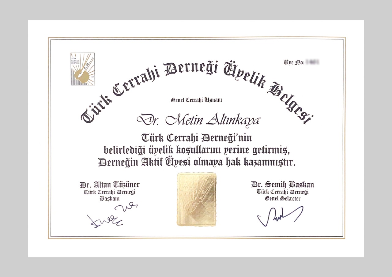 Türk Cerrahi Derneği Üyelik Belgesi